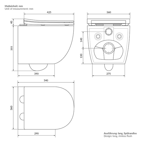 Randløst væghængt toilet med nano-belægning 52x36x34 cm sort mat keramik ML design