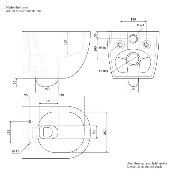 Randløst væghængt toilet med nano-belægning 52x36x34 cm sort mat keramik ML design