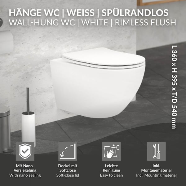 Randløst væghængt toilet med nano-belægning 52x36x34 cm Hvid mat keramik ML-design