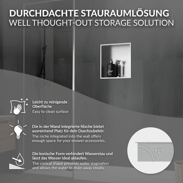 Brusebakke 30x30 cm sølv rustfrit stål væg niche Brusebakke LuxeBath