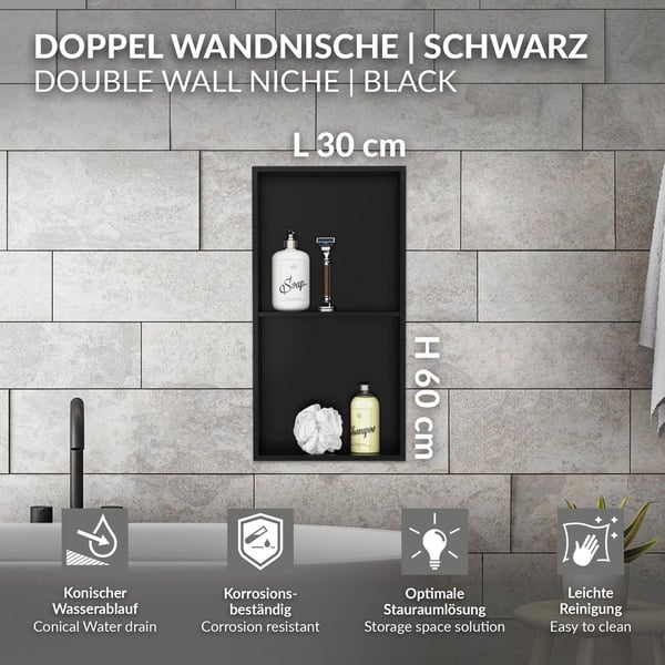 Brusekar 2 niveauer 60x30 cm sort rustfrit stål vægniche Brusekar LuxeBath