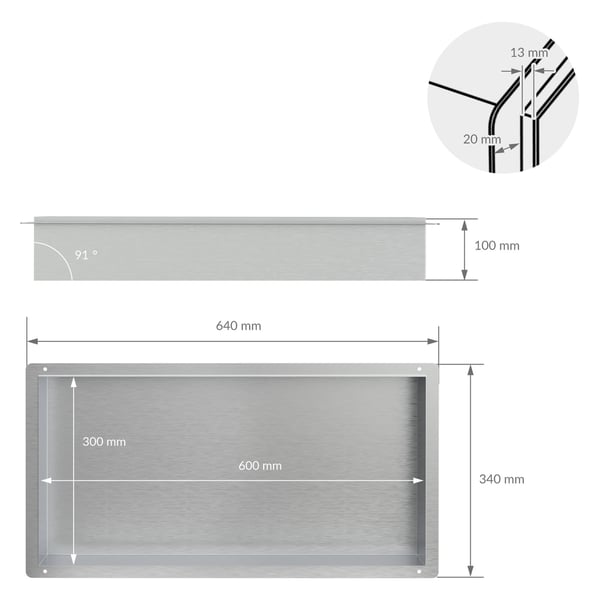 Bruseniche 60x30 cm sølv rustfrit stål indbygningsramme vægniche bruseniche LuxeBath