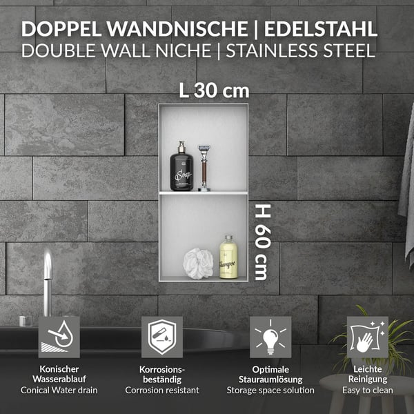 Suihkunurkkaus 2 tasoa 60x30 cm hopea ruostumaton teräs uppoasennettava runko seinänurkkaus suihkutarjotin LuxeBath