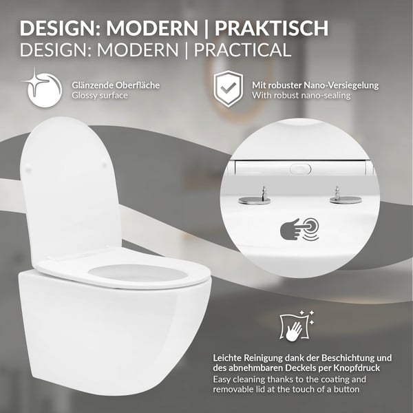Kantløst væghængt toilet med nano-belægning 49,5x36x39 cm Hvid keramik ML-design