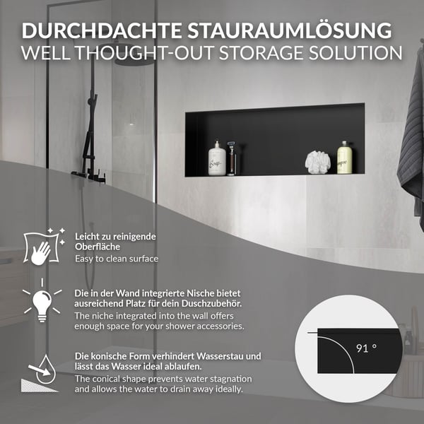 Bruseniche 90x30 cm sort rustfrit stål Indbygningsramme Vægniche Brusekar LuxeBath