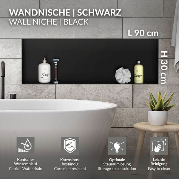 Bruseniche 90x30 cm sort rustfrit stål Indbygningsramme Vægniche Brusekar LuxeBath
