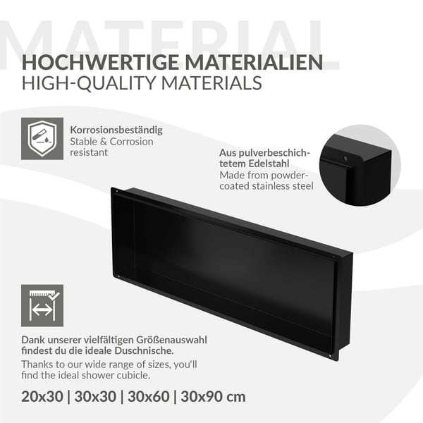 Bruseniche 90x30 cm sort rustfrit stål Indbygningsramme Vægniche Brusekar LuxeBath