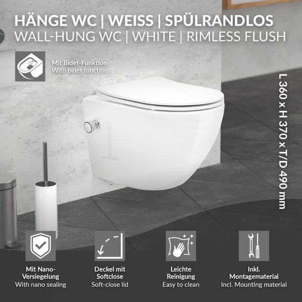 Kantløst væghængt toilet med bidetfunktion og nano-belægning 49x36x33 cm Hvid keramik ML-design