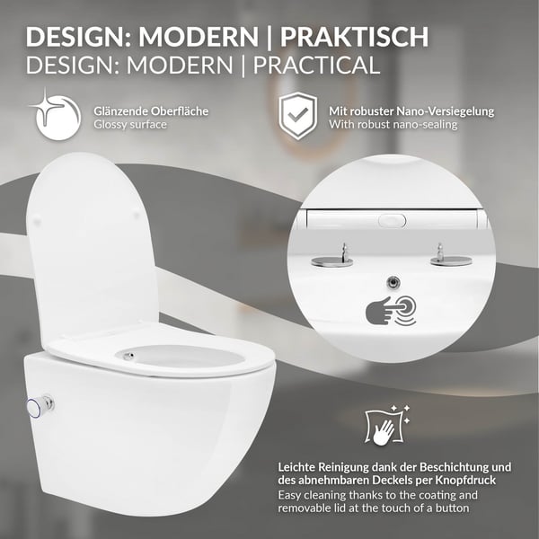 Kantløst væghængt toilet med bidetfunktion og nano-belægning 49x36x33 cm Hvid keramik ML-design