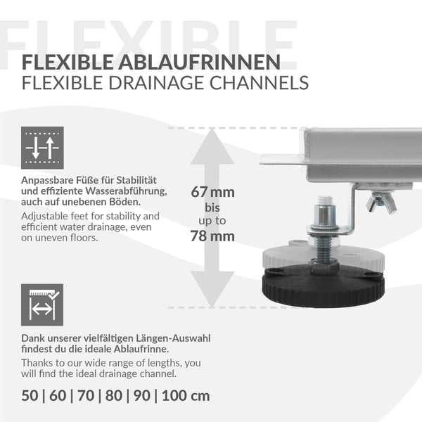 Duschränna i rostfritt stål 50 cm och sifon komplett set silver flat LuxeBath