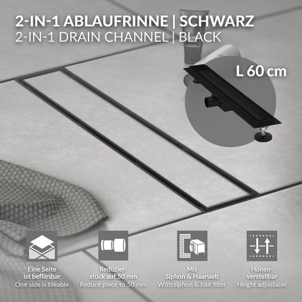 Duschränna i rostfritt stål 60 cm och sifon komplett set svart flat LuxeBath
