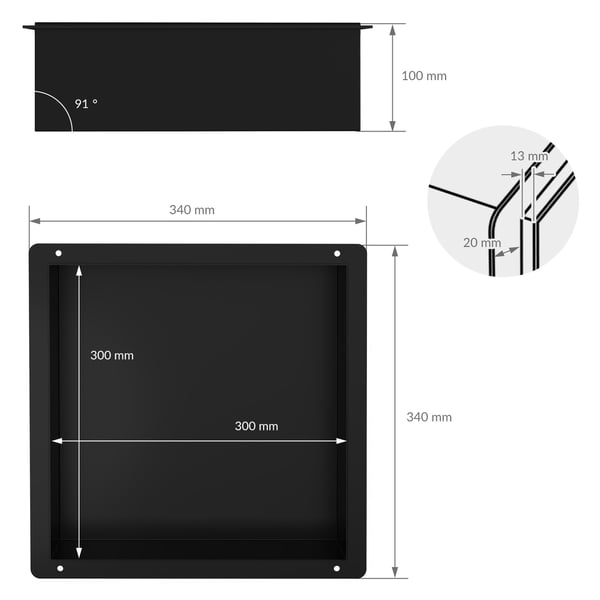 Brusebad 30x20 cm sort rustfrit stål indbygningsramme Vægniche Brusebad LuxeBath