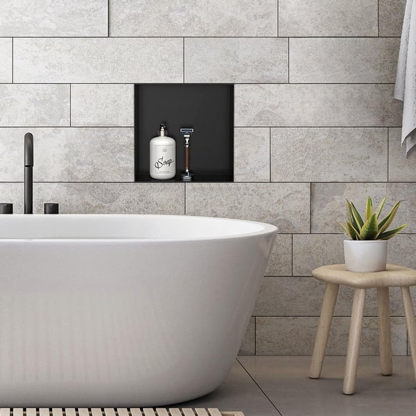 Brusebad 30x20 cm sort rustfrit stål indbygningsramme Vægniche Brusebad LuxeBath