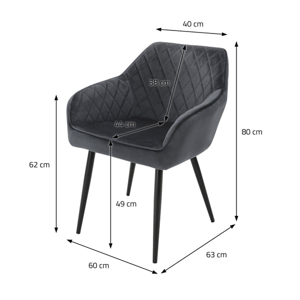 Spisebordsstol sæt med 2 stk. antracit fløjlspolstring med metalben inkl. samlemateriale ML-Design