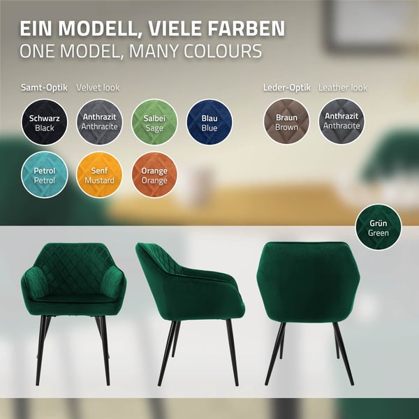 Matstol set om 2 mörkgrön sammet klädsel med metallben inkl. montering material ML-Design