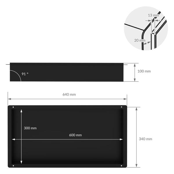 Bruseniche 60x30 cm sort rustfrit stål indbygningsramme Vægniche Brusekar LuxeBath