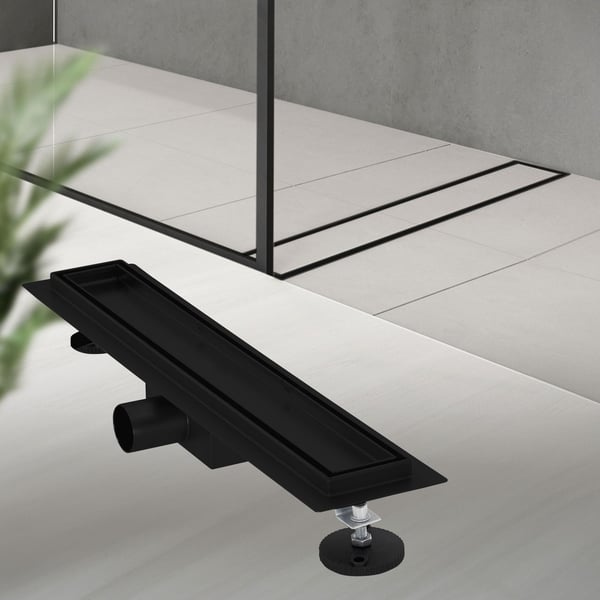 Ruostumattomasta teräksestä valmistettu suihkukanava laatoitettava 50 cm ja sifoni täydellinen sarja musta litteä LuxeBath