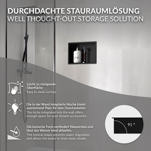 Brusebakke 30x20 cm sort rustfrit stål vægniche Brusebakke LuxeBath