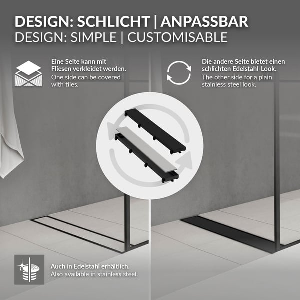 Duschränna i rostfritt stål 80 cm och sifon komplett set svart flat LuxeBath