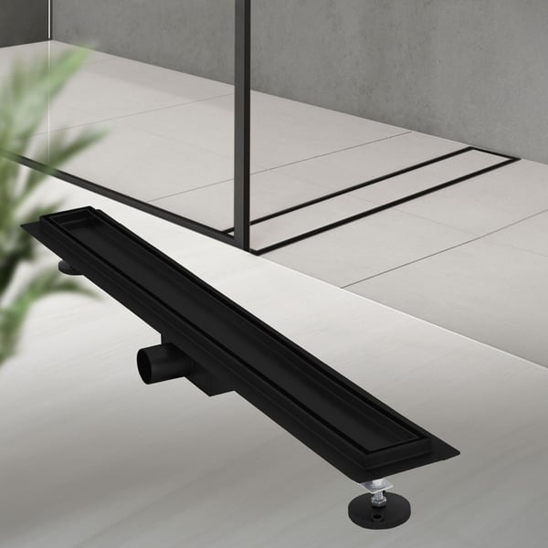 Bruseafløb i rustfrit stål 80 cm og vandlås komplet sæt sort flad LuxeBath