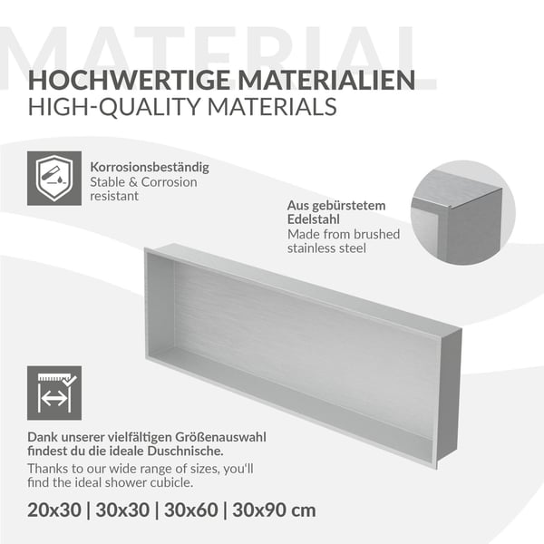 Brusebad 90x30 cm sølv rustfrit stål væg niche Brusebad LuxeBath