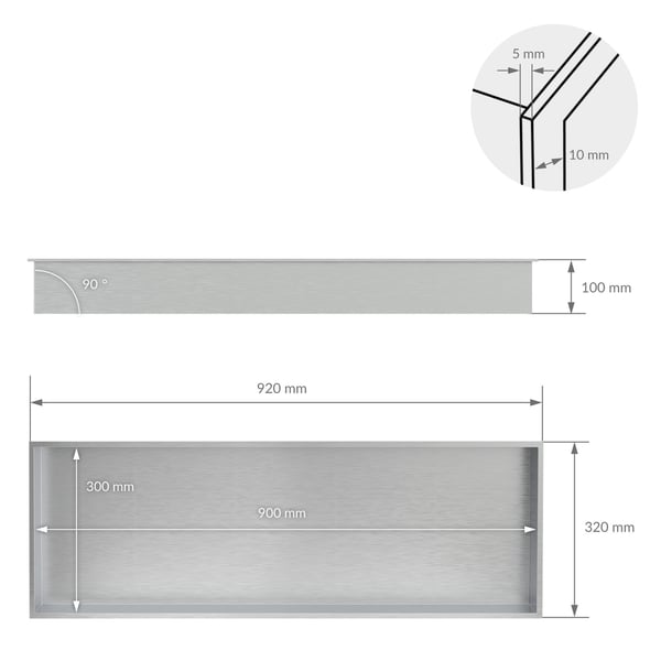Brusebad 90x30 cm sølv rustfrit stål væg niche Brusebad LuxeBath