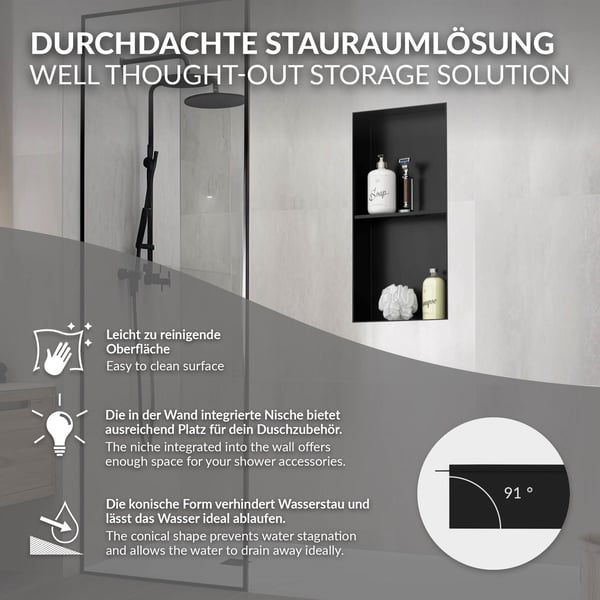 Bruseniche 2 niveauer 60x30 cm sort rustfrit stål indbygningsramme vægniche bruseniche LuxeBath