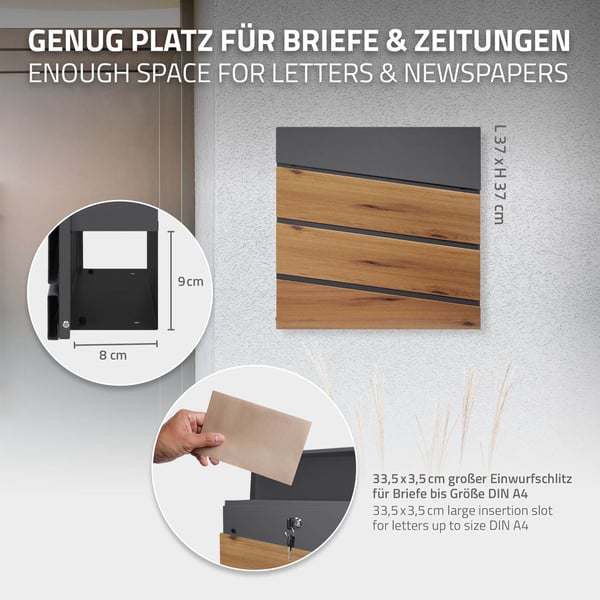 ECD Germany Standbriefkasten med avisfag; design brevkasse med stolpe; brevkasseanlæg; brevkassestativ Anthrazit 120cm pulverlakeret rustfrit stål;