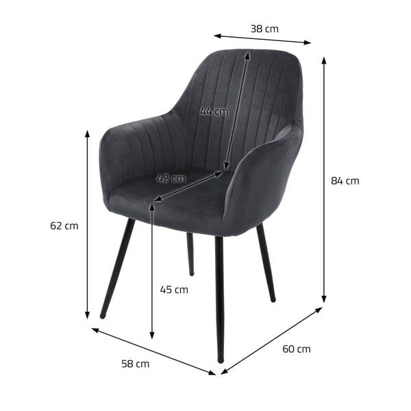 Spisebordsstole med ryglæn og armlæn sæt med 2 grå med fløjlsbetræk og metalben ML-Design