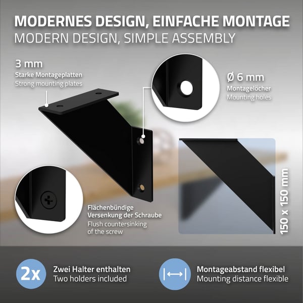 Hyllyteline kolmio 2 kpl 15x15x3 cm musta metalli ML-Design