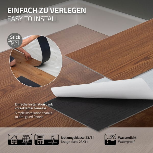 Deluxe PVC klæbende vinylgulv til 2,3 m² rød eg brun 2 mm tyk ML-Design