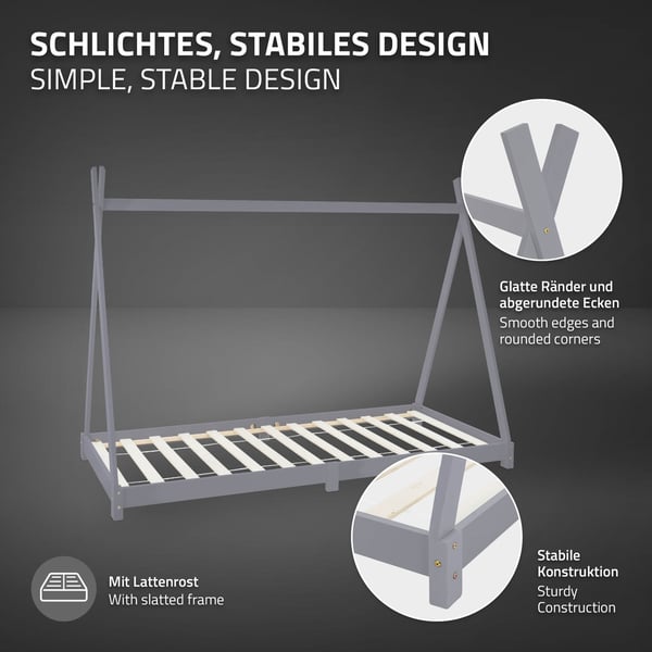 ML Design COT TIPI 90x200cm med slattedramme, lysegrå, indisk seng lavet af massivt træ, hus seng til piger og drenge, børnehus ungdoms seng træ seng
