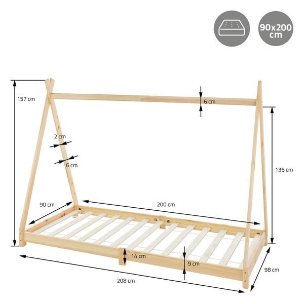 ML Design COT TIPI 90 x 200cm med slattedramme, natur, indisk seng lavet af massivt træ, hus seng til piger og drenge, børnehus ungdoms seng træ seng