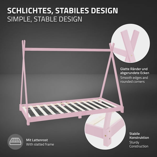 ML Design COT TIPI 90 x 200 cm med slattedramme, rosa, indisk seng lavet af massivt træ, boligblå til piger, fyrretræ, børnehus ungdoms seng træ seng