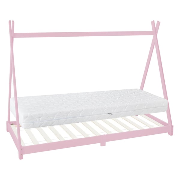ML Design Cot Tipi 90 x 200cm kanssa slotted runko, vaaleanpunainen, intialainen sänky massiivipuuta, talonpohja tytöille, lasten talon nuoriso bed