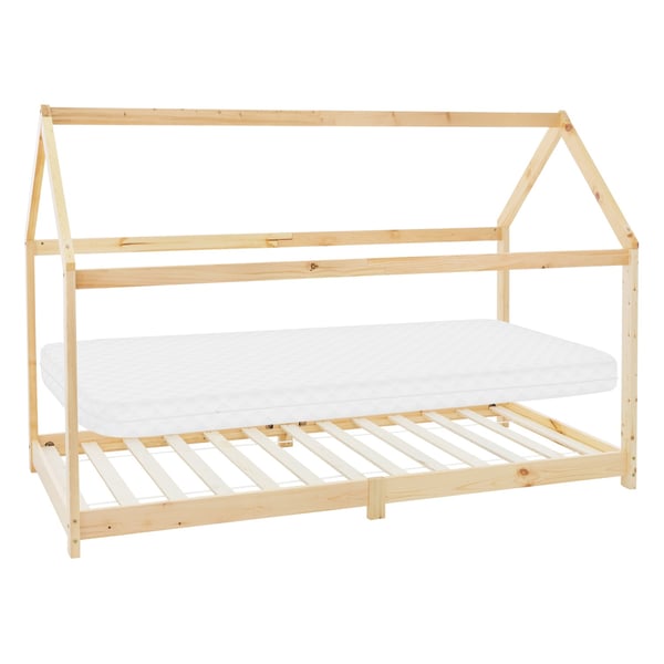 ML Design COT 90 x 200 cm med tag og slattet ramme, natur, boligblå til piger og drenge, børnehus lavet af solid fyrretræ, solid ungdoms seng