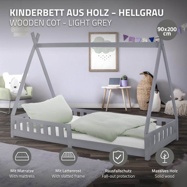 Tipi Grå Tipi Grå Fall-Out Beskyttelse Træ Seng Hus Seng Fyrretræ 200x90cm