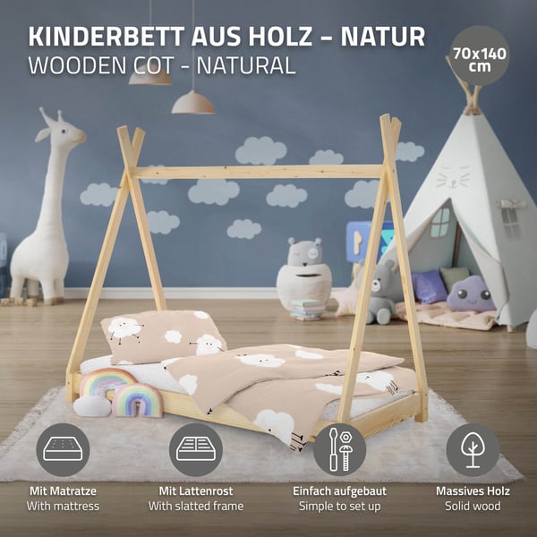 Tipi til børneseng med lamelramme og madras 70x140 cm fyrretræ natur ML-design