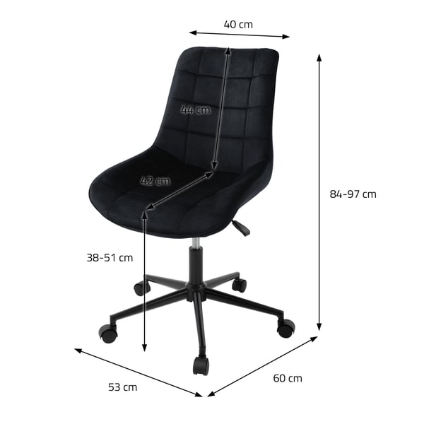 Toimistotuoli pyörillä musta samettipäällysteinen ja metallirunkoinen ML design