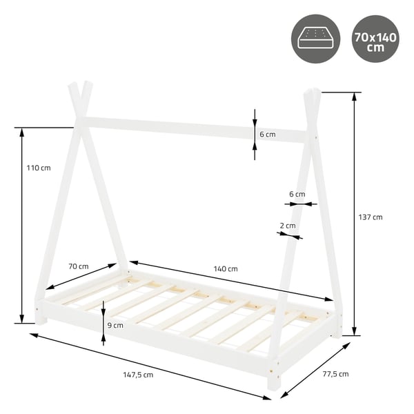 Børneseng Tipi med lamelramme og madras 70x140 cm hvid af fyrretræ ML-Design