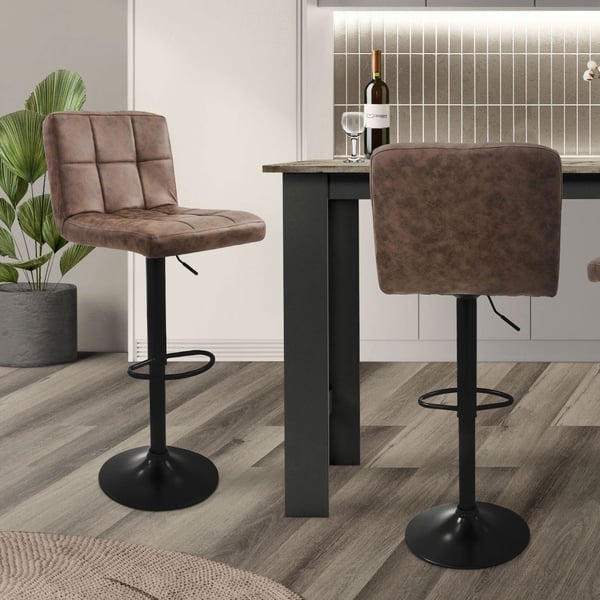 Barstol sæt med 2 brune kunstlæderbetræk med ryglæn og fodstøtte højdejusterbar 63-83cm ML-Design