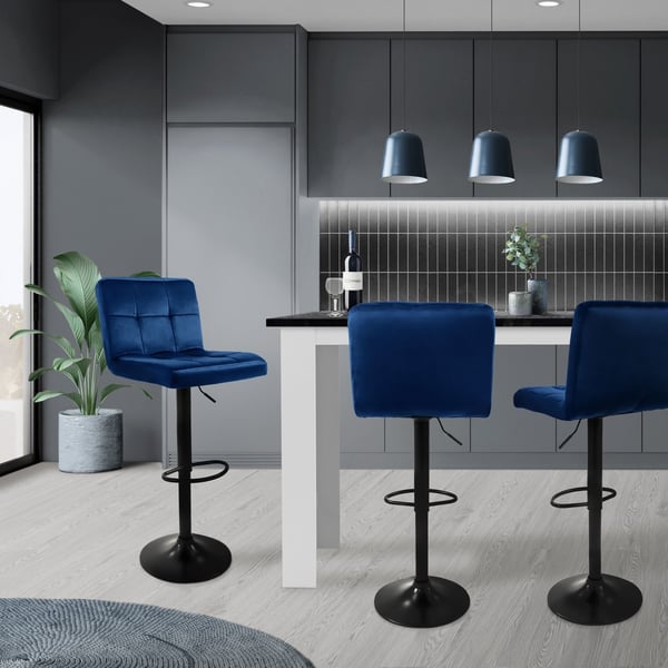 Barstol sæt med 2 blå velourbetræk med ryglæn og fodstøtte højdejusterbar 63-83cm ML-Design