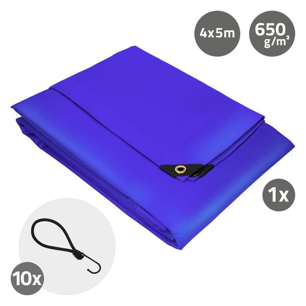 Presenning med øjer 4x5 m 650 g/m² med 10 elastiske stropper Blå PVC