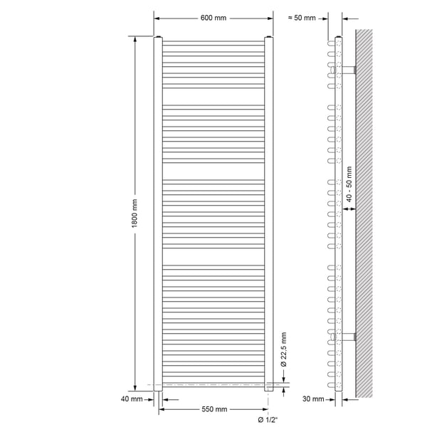 Radiator håndklæde ECD Germany Model Sahara 600 x 1800 mm antracit bøjet med sidetilslutning håndklædeholder