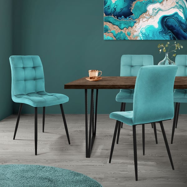 Ruokailutuolin 4 kpl petrolinvärinen samettipäällysteinen setti metallijaloilla sis. kokoonpanomateriaalin ML-Design