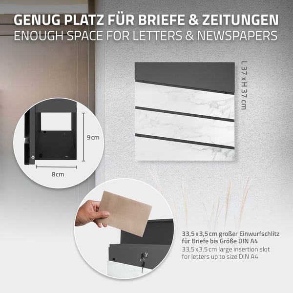 Sokkelbrevkasse med avisrum 37x36,5x11 cm antracit/hvid marmor-look stål ML design