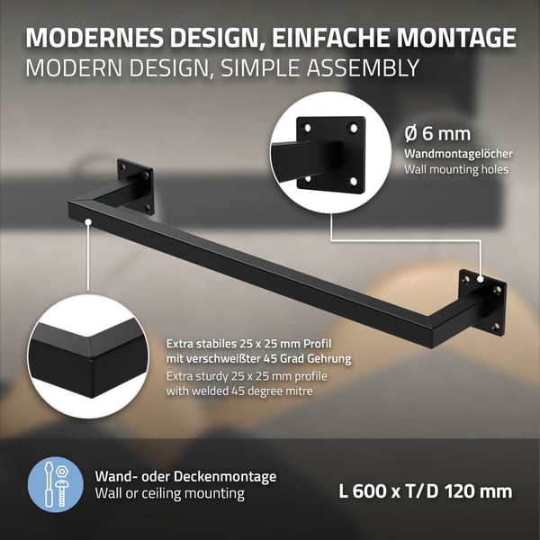 Rektangulært tøjstativ til væggen 12x60 cm sort stål ML-design