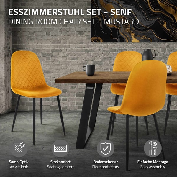 Matstol set om 4 senapsgul sammetsöverdrag med metallben inkl. monteringsmaterial ML-Design