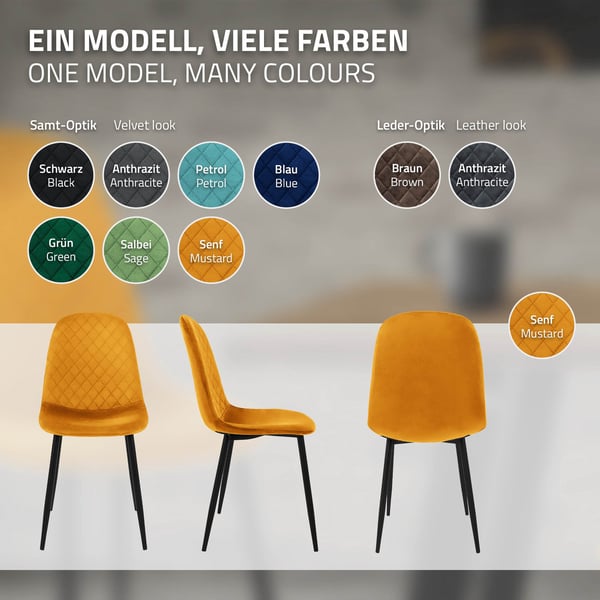 Matstol set om 4 senapsgul sammetsöverdrag med metallben inkl. monteringsmaterial ML-Design