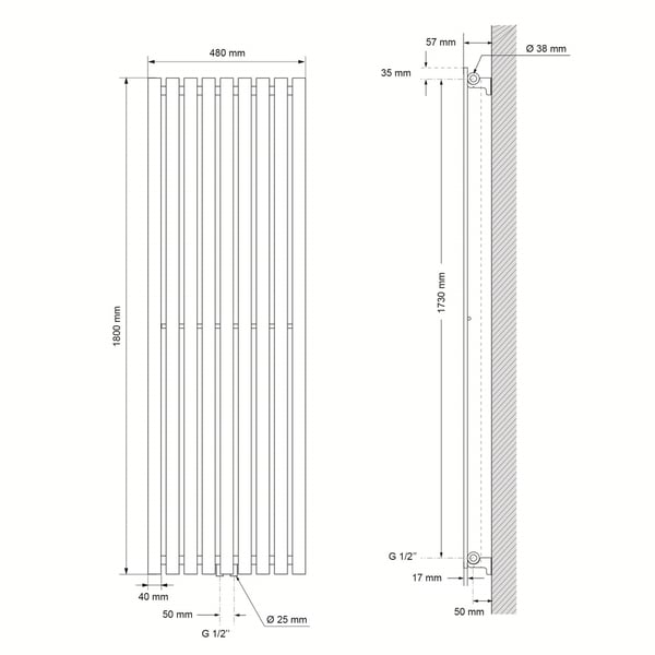 Stella designradiator Panelradiator Radiator 48x180cm antracit